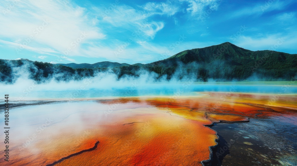 Poster a captivating view of a colorful hot spring with vibrant mineral deposits and steam rising against a