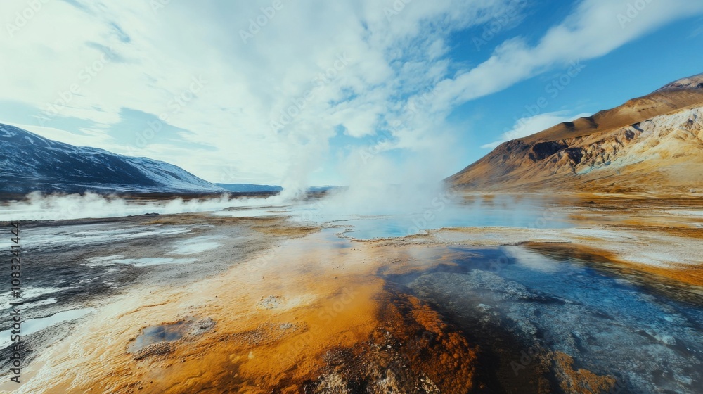 Poster a captivating view of a colorful hot spring with vibrant mineral deposits and steam rising against a