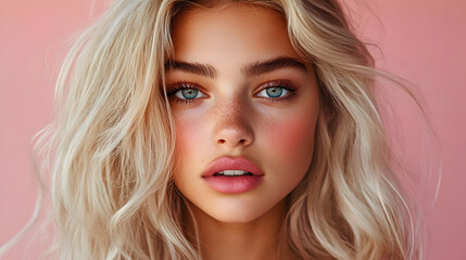 Naklejka premium Close-up Portrait of a Woman with Blonde Wavy Hair against a Pink Background, Featuring Freckles and Subtle Makeup.