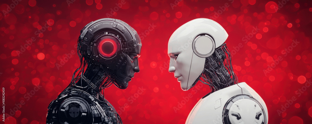 Poster automated revenue concept futuristic robots face each other against vibrant red background