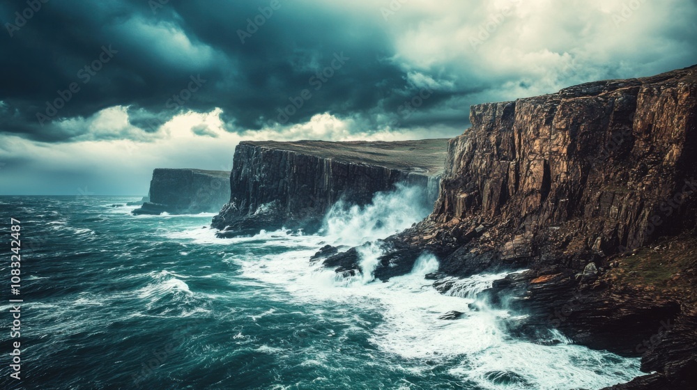 Poster a captivating view of a rugged coastline with dramatic cliffs and crashing waves under a stormy sky,