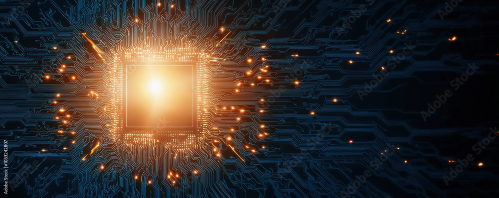 Poster automated revenue concept high tech microchip glowing with circuit board connections and sparks