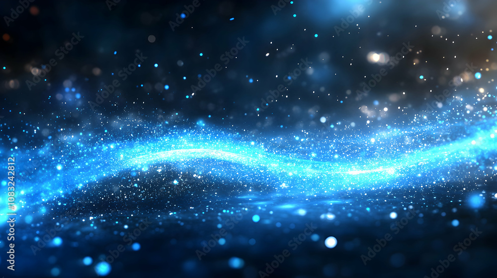 Poster abstract blue glowing particles flowing dynamically across dark background, creating a sparkling, en