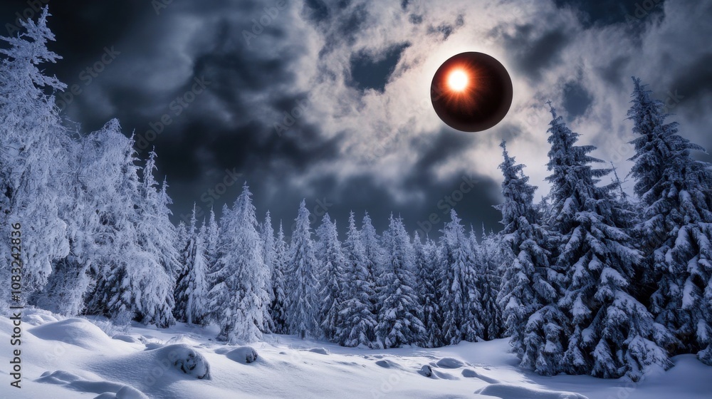 Poster a captivating view of a total eclipse of the sun seen from a snow-covered forest, with the darkened 
