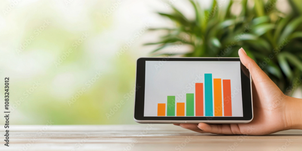 Aufkleber automated revenue concept hand holding tablet displaying colorful bar graph on table