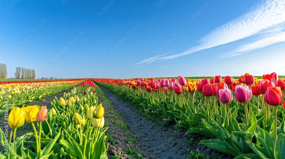 Poster A captivating view of a vibrant tulip field in full bloom under a clear blue sky, with rows of colorful flowers stretching to the horizon, Tulip field scene