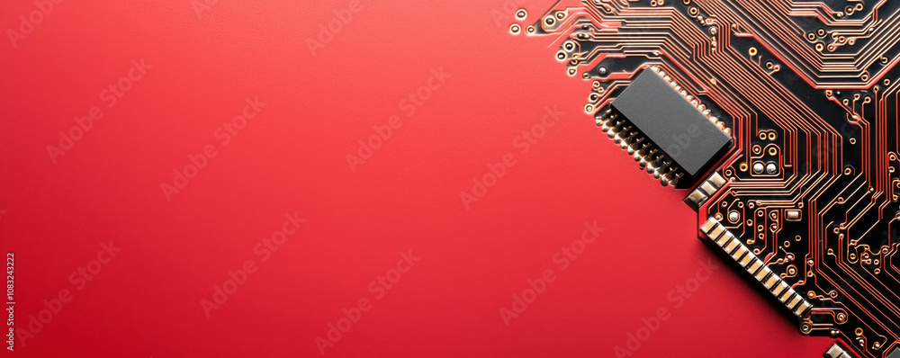 Poster automated revenue concept high tech circuit board on red background, showcasing intricate design