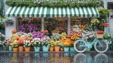 Fototapeta premium Vibrant flower market stall featuring numerous bouquets under a green and white striped awning with a turquoise bicycle nearby on wet ground.