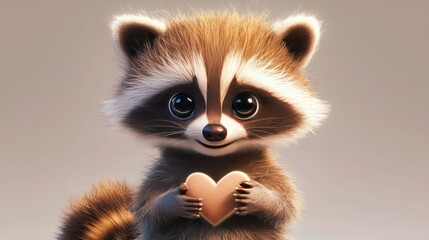 Obraz premium Cute cartoon baby raccoon holding a small heart shape isolated on a soft neutral background for marketing graphics.