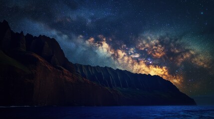 Obraz premium A celestial view of the Milky Way galaxy over the towering cliffs of Kauai's Na Pali Coast, Hawaii, Na Pali Coast Milky Way scene