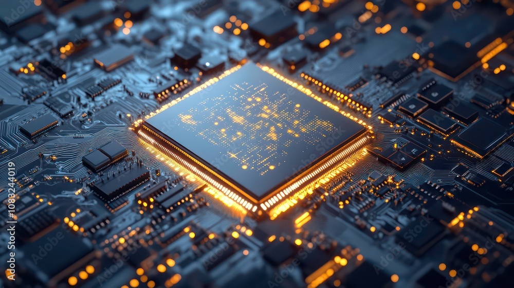 Poster stock, data mining and machine learning. future computer technology innovation. printed circuit boar