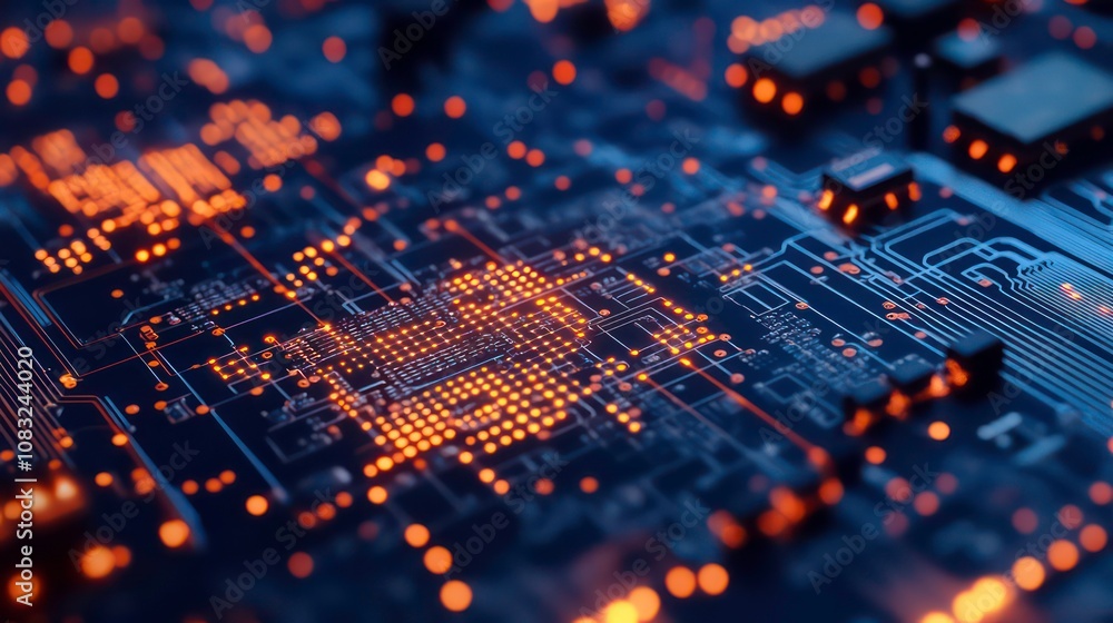 Poster stock, data mining and machine learning. future computer technology innovation. printed circuit boar