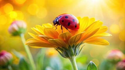 Fototapeta premium A vibrant ladybug perched on a delicate yellow flower, bathed in soft sunlight, creating a scene of summer serenity.