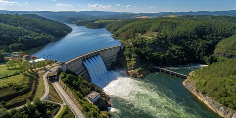 Obraz premium Panoramic View of a Hydroelectric Dam Harnessing Renewable Energy with Cascading Water and Lush Surroundings