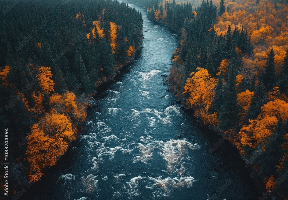 Poster here's a possible and keyword list for your stock photo.. aerial view of autumn river flowing throug
