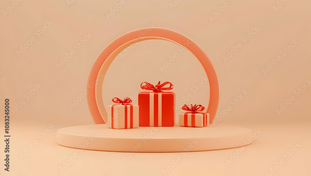 Poster a minimalist display of gift boxes with ribbons against a soft background.