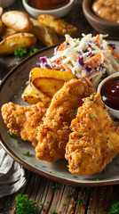 Crispy golden chicken tenders with coleslaw, potato wedges, barbecue sauce, and honey mustard for dipping