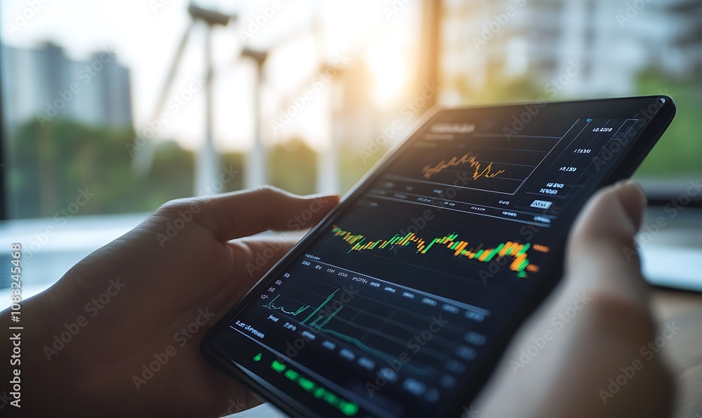 Poster a person analyzing financial data on a tablet with graphs and charts against a scenic backdrop.