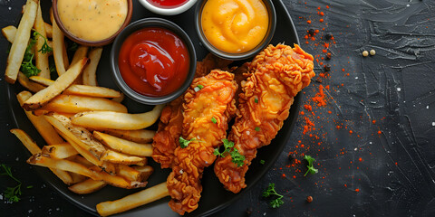 Crispy golden chicken tenders with honey mustard, buffalo sauce, and crispy fries on the side