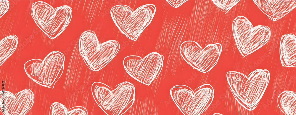 Poster a red background with white sketched hearts, creating a romantic and playful pattern.