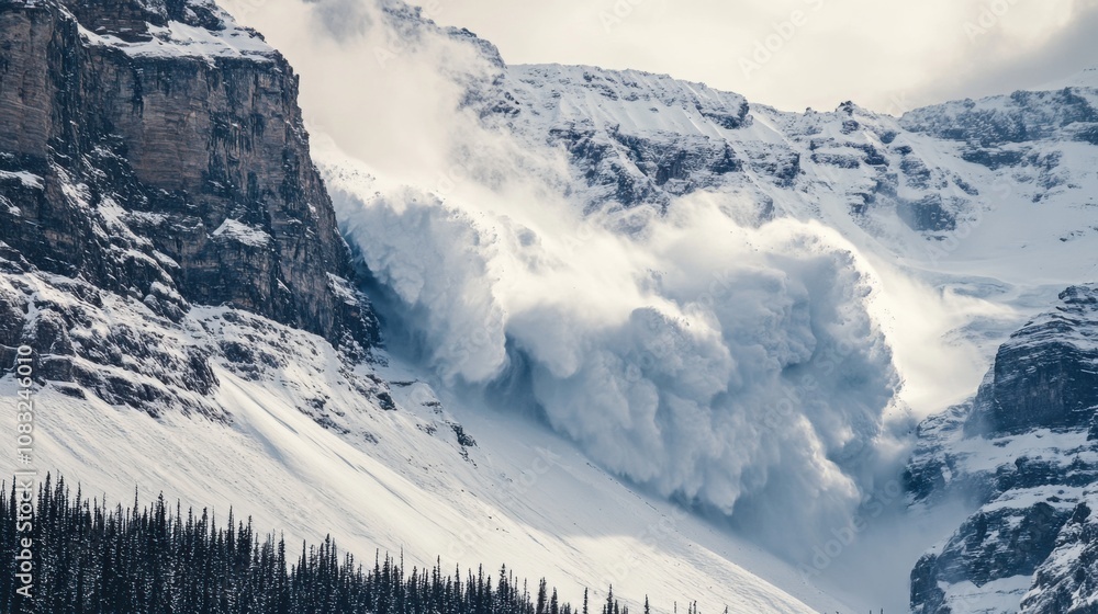 Poster a dramatic capture of a massive avalanche cascading down a snow-covered mountain peak in the swiss a
