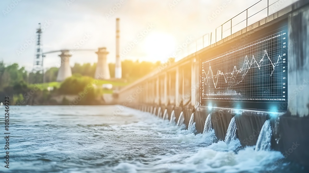 Poster a dam with water flowing and digital graphs illustrating data analysis.