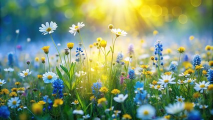 Fototapeta premium A Vibrant Wildflower Meadow Bathed in Golden Sunlight, a Tapestry of Delicate White, Yellow, and Blue Blooms