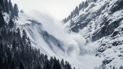 Obraz premium A dramatic capture of a massive avalanche cascading down a steep mountain face in the Rocky Mountains, Rocky Mountain avalanche scene, Dramatic style