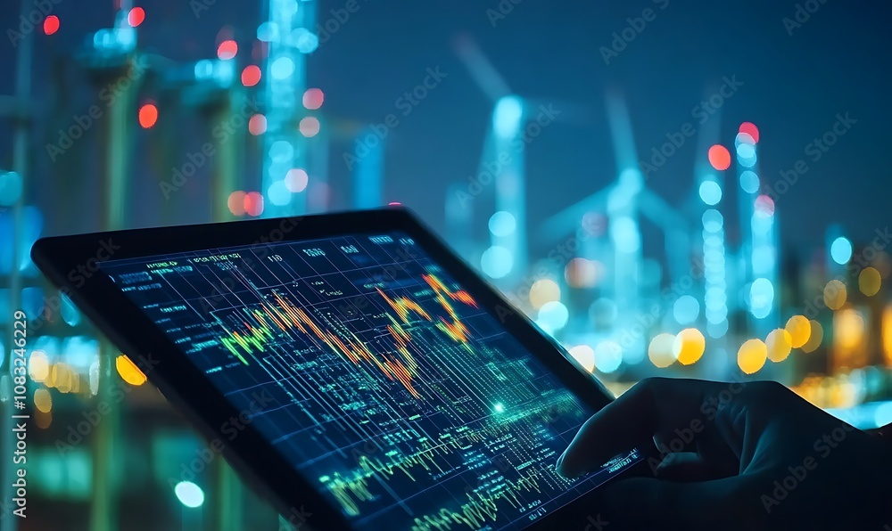 Aufkleber a hand interacts with a digital tablet displaying data against a backdrop of wind turbines.