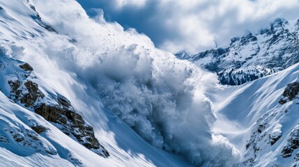 A dramatic capture of a massive avalanche roaring down a steep mountain slope in the Swiss Alps, Swiss Alps avalanche scene, Dramatic style