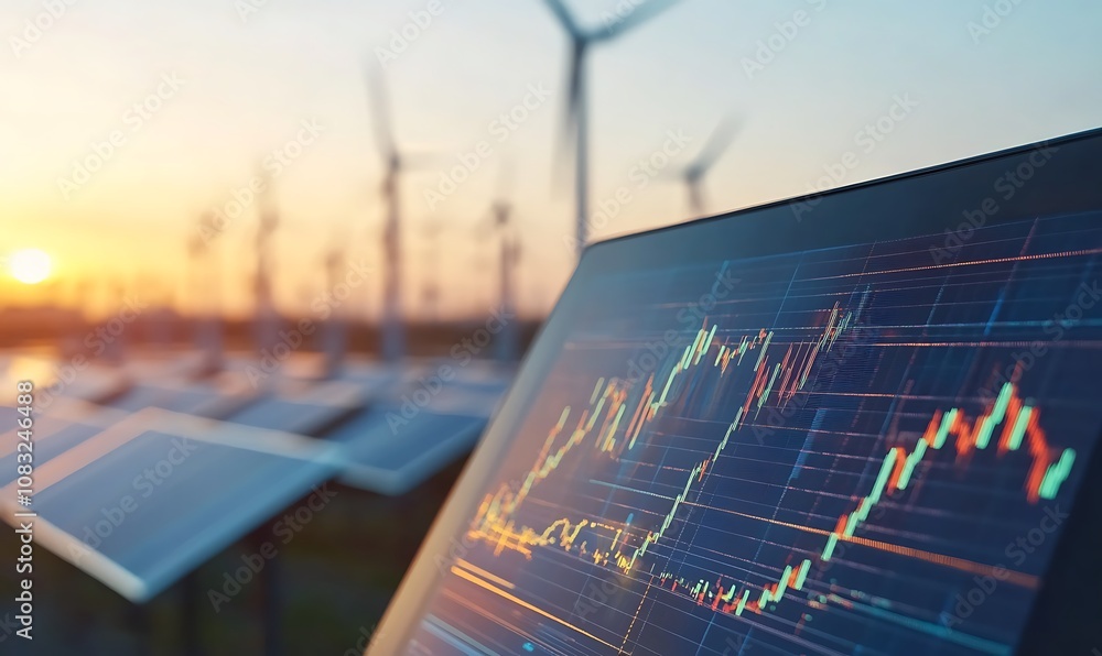 Aufkleber a digital screen displaying financial data with wind turbines and solar panels in the background.
