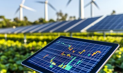 A tablet displaying energy data in a renewable energy setting with wind turbines and solar panels.