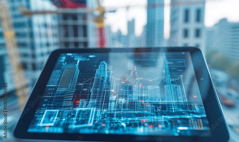 Poster a tablet displaying digital cityscape data and analytics against a modern urban backdrop.