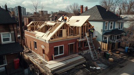 Fototapeta premium Construction workers frame the roof of a new home.