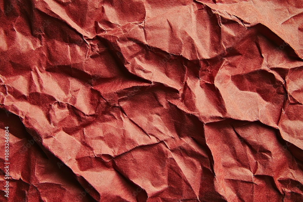 Poster crumpled red paper with visible texture and shadows creating an artistic backdrop for design project