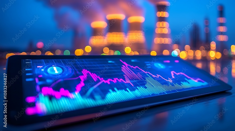 Poster a digital screen displaying colorful data graphs against an industrial backdrop at dusk.
