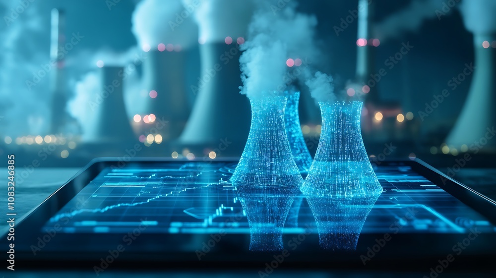 Poster digital representation of nuclear power plants with data visualization overlay.