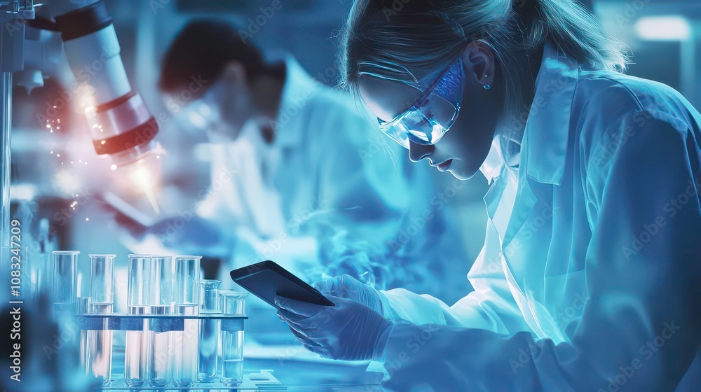 Poster a female scientist in a lab coat and goggles looks at a tablet while working on a project in a labor