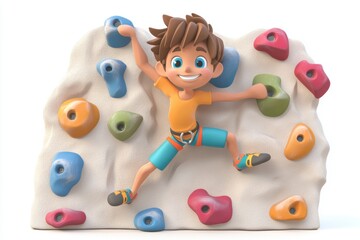 Fototapeta premium Child climbing on a colorful rock wall, energetic expression, white isolate background.