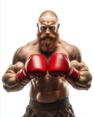 A very muscular international boxer, wearing boxing gloves, on white background