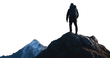 Traveler with Backpack on a Snowy Mountain Peak, cut out
