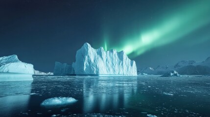 A dramatic capture of the icebergs drifting in Disko Bay, Greenland, under the soft light of the Aurora Borealis