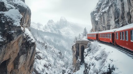 A red train travels through a snowy mountain pass, with the peaks of the Alps in the background.