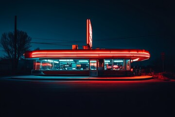 A vibrant diner illuminated at night with neon lights showcasing its retro design in a quiet urban area. Generative AI