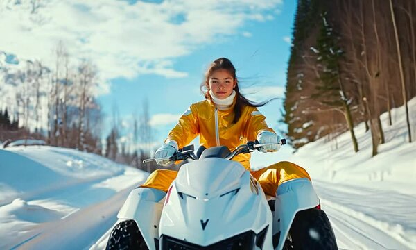 girl in a yellow jacket rides a snowmobile