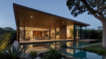 Fototapeta premium AI-generated Modern House Living Room, featuring minimalist luxury resort style with sleek design, warm materials, and a serene, inviting atmosphere blending modern elegance and natural harmony