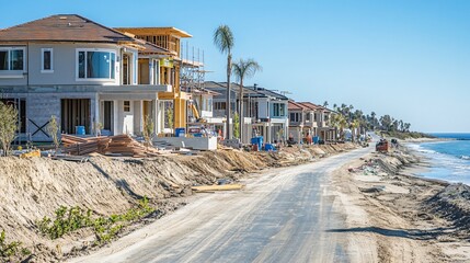 Obraz premium A row of new homes under construction on a sandy beach road with blue sky and ocean in the background.