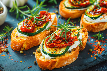 Bruschetta, bread toast, canape with cream cheese, zucchini and dried tomato with herbs