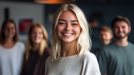Fototapeta premium Blonde girl standing with a group, smiling brightly