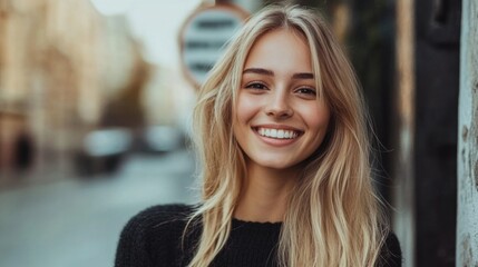 Obraz premium Blonde woman smiling with a sign in the background
